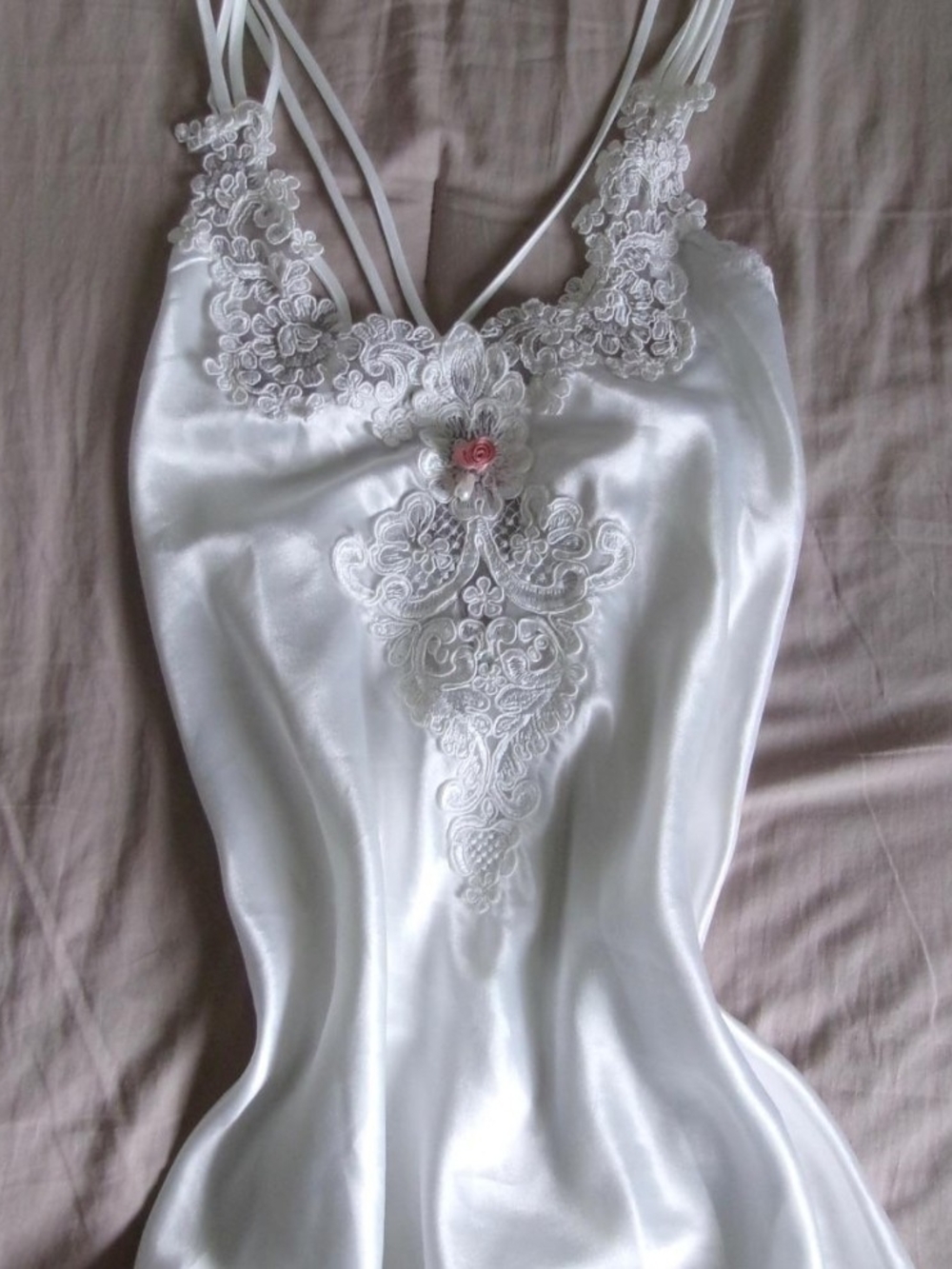 Vintage White Satin Lace-Trim Chemise, Nightgown